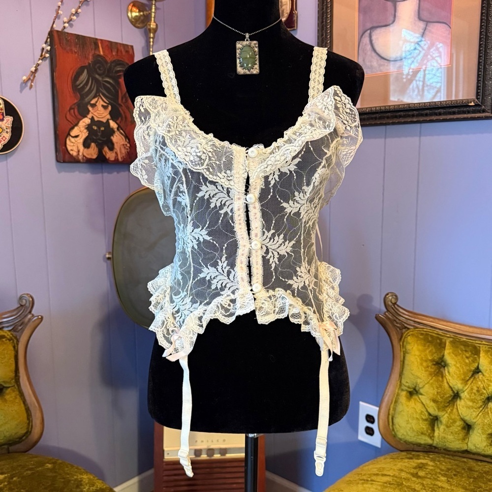 Vintage Pandora Lingerie by Chic Lace Garter Camisole In Soft Ivory And Pink - Picture 1 of 10